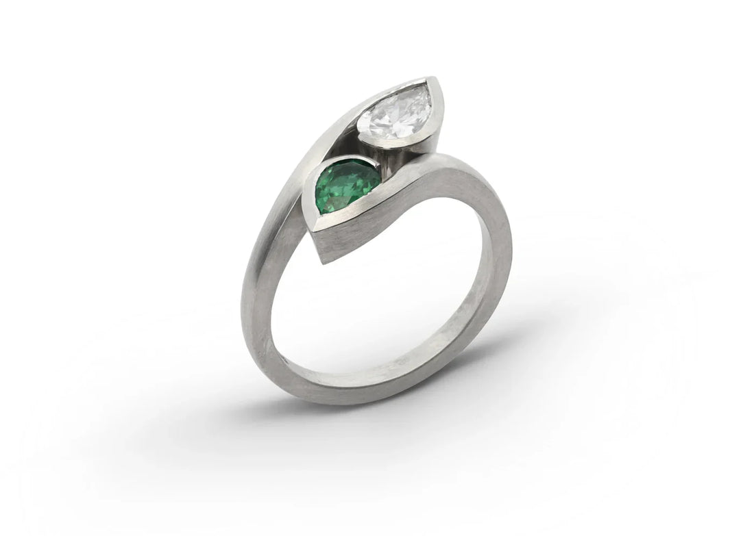 0.82TCW Pear Cut White & Green Diamond Unique Engagement Ring