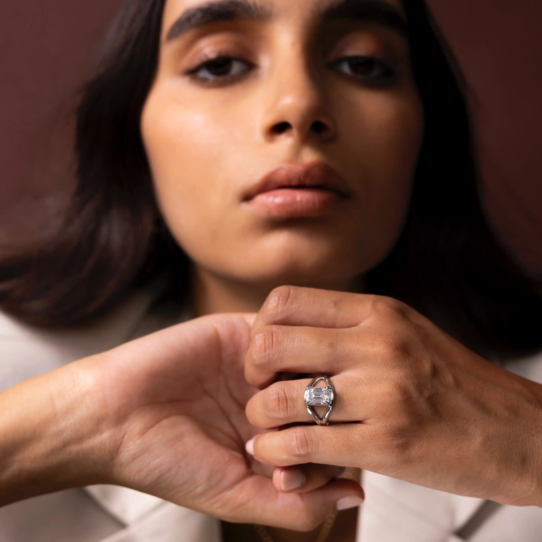 1.0CT Emerald Cut Unique Split Shank Solitaire Engagement Ring