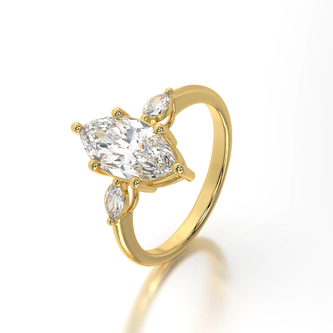 3 CT Marquise Lab Diamond Engagement Ring: Three Stone Halo, Solid Gold