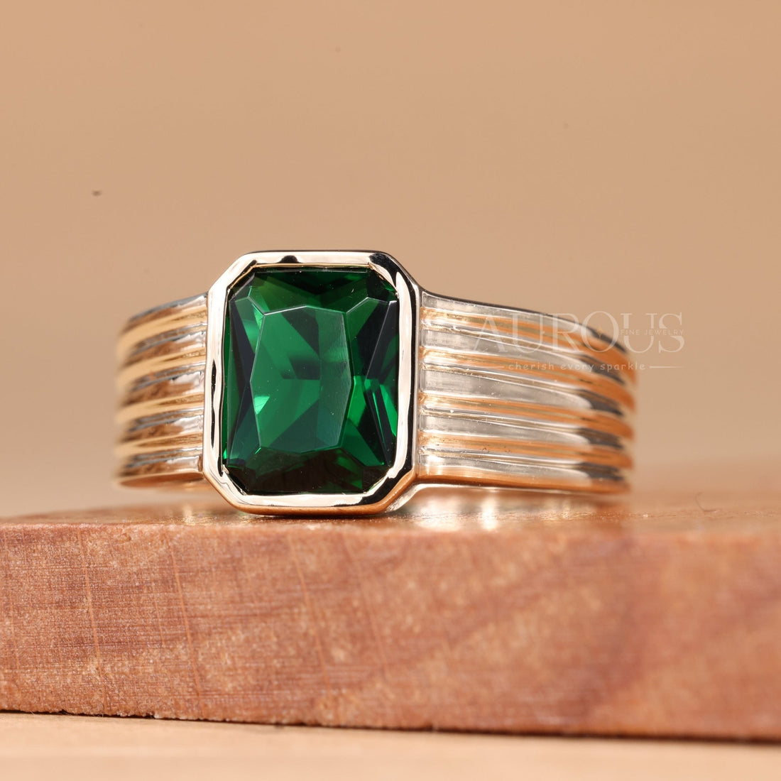 1.50CT Green Emerald Gemstone Bezel Setting Solitaire Men's Ring
