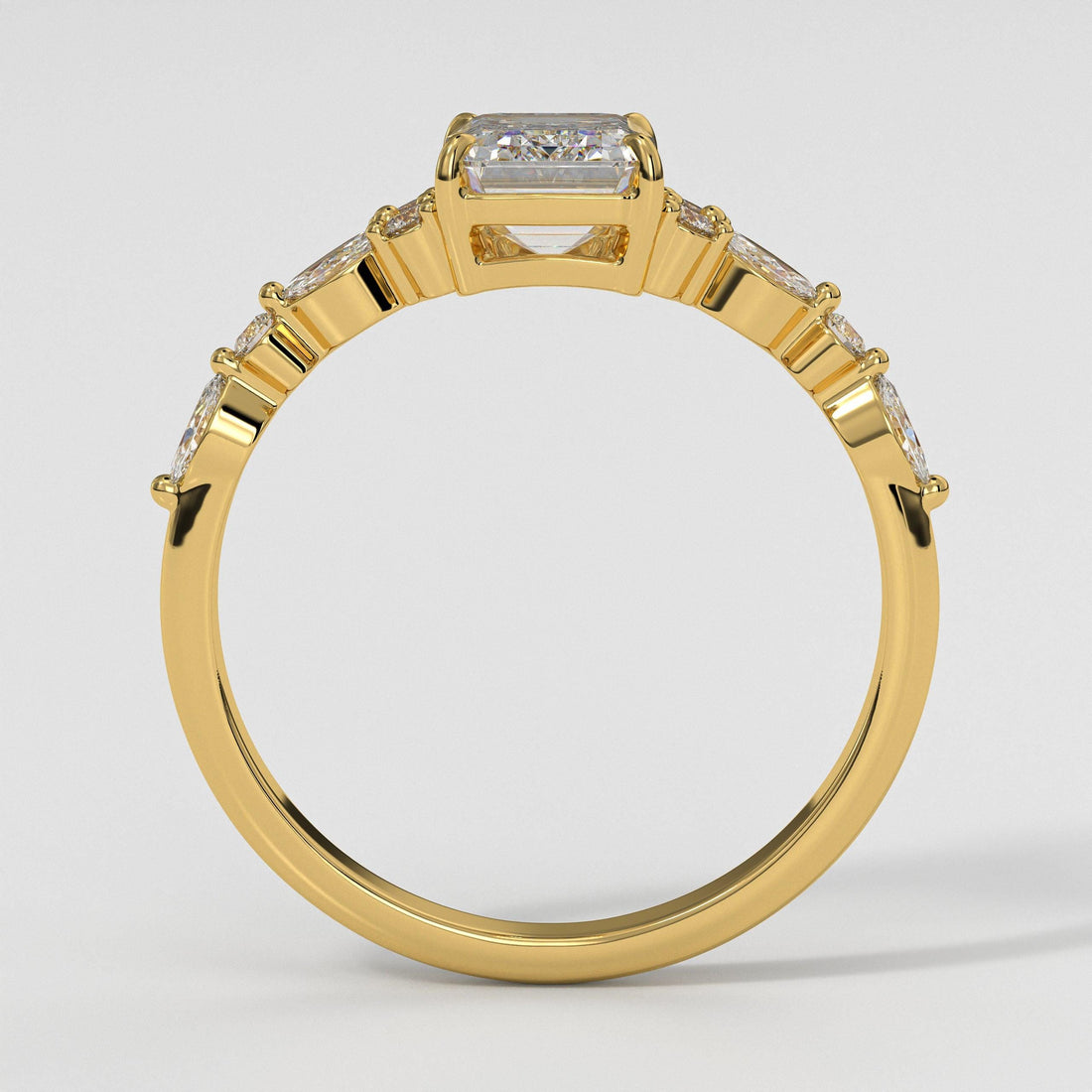Emerald Cut Diamond Engagement Ring: Solid Gold Pave Setting