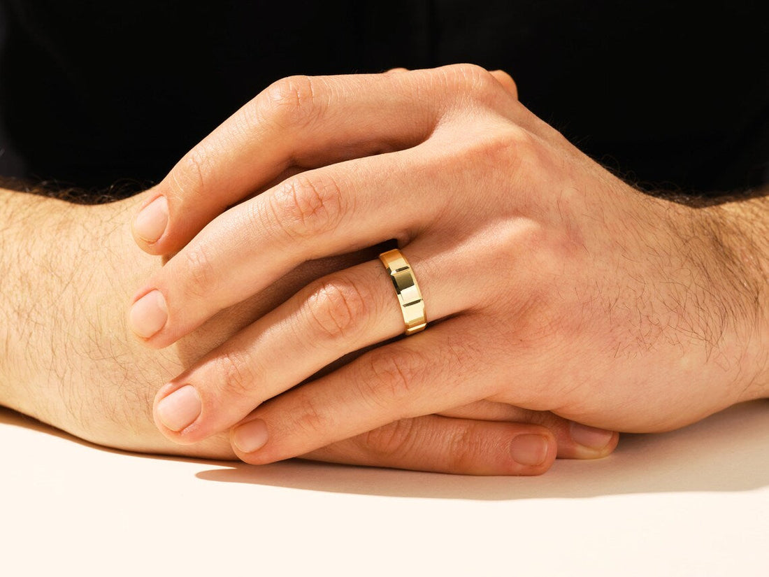 6MM Block Design Men's Gold Wedding Band For Him