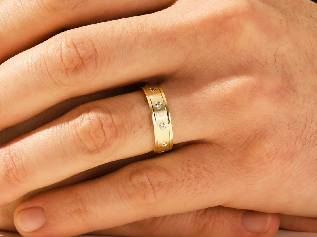 6MM Solid Gold Round Cut Ten Stone Diamond Men's Wedding Band