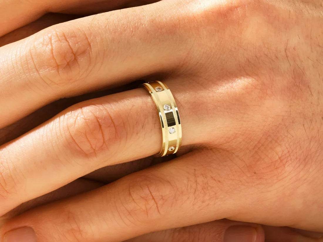 6MM Solid Gold Round Cut Ten-Stone Diamond Men's Wedding Band