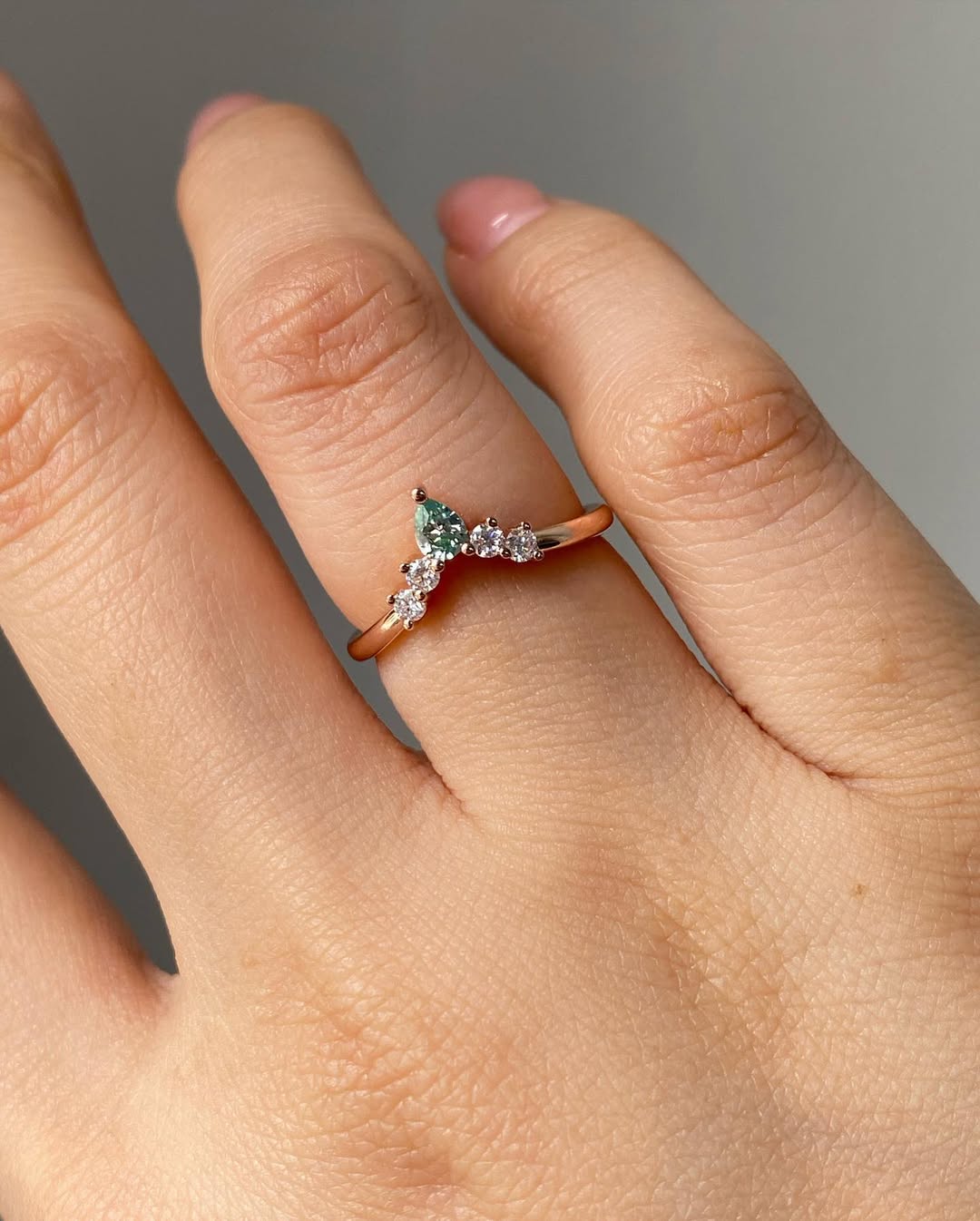 Green Pear Diamond Dainty Ring